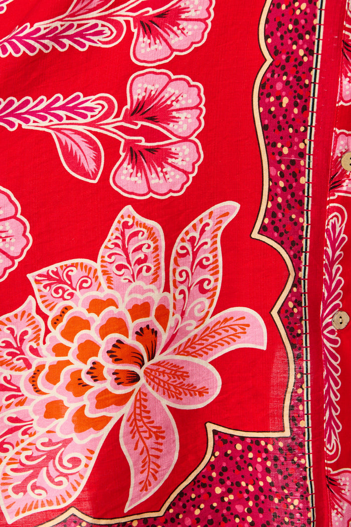 Risa Shirt Dress In Red Flower Linen Blend fabric