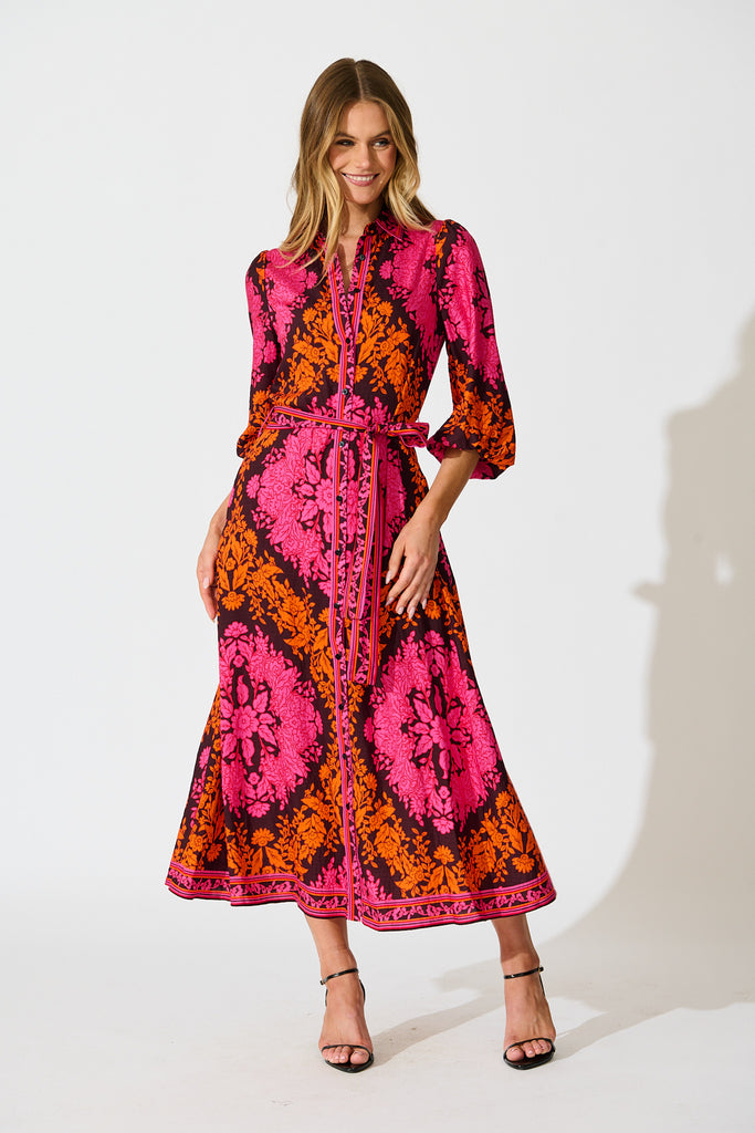 Aurelina Maxi Dress In Pink And Orange Floral Linen Blend full length
