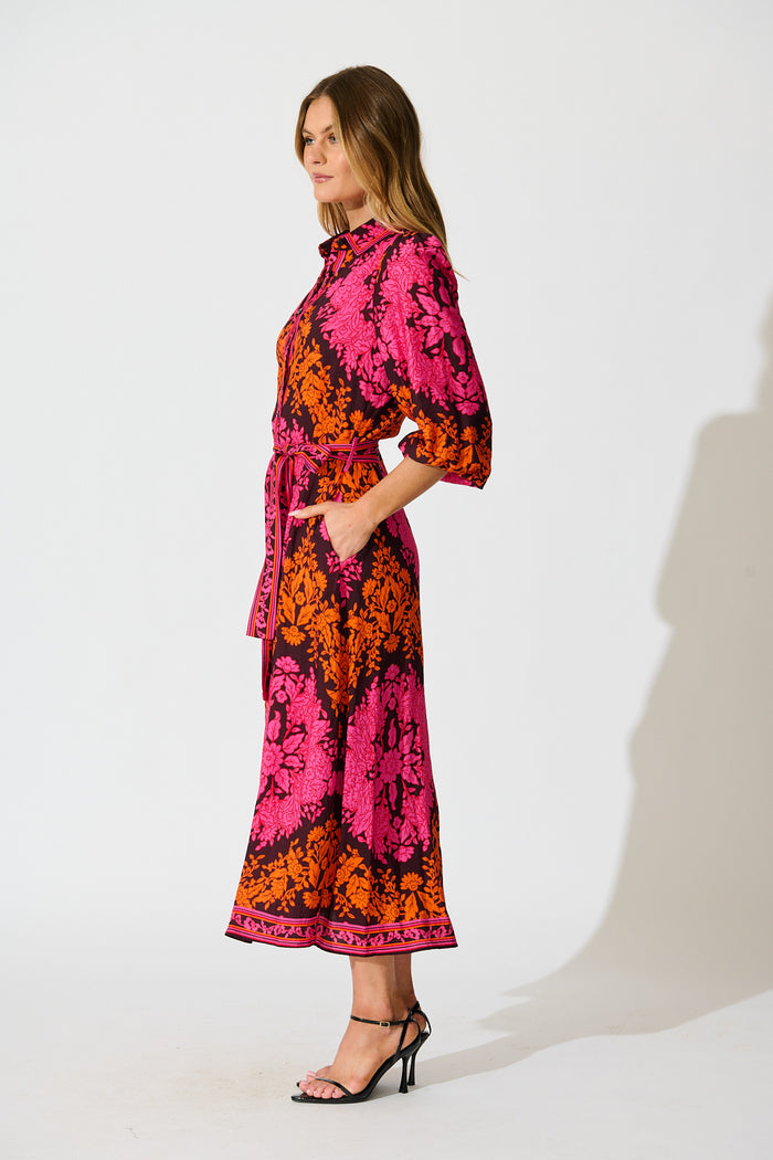 Aurelina Maxi Dress In Pink And Orange Floral Linen Blend side