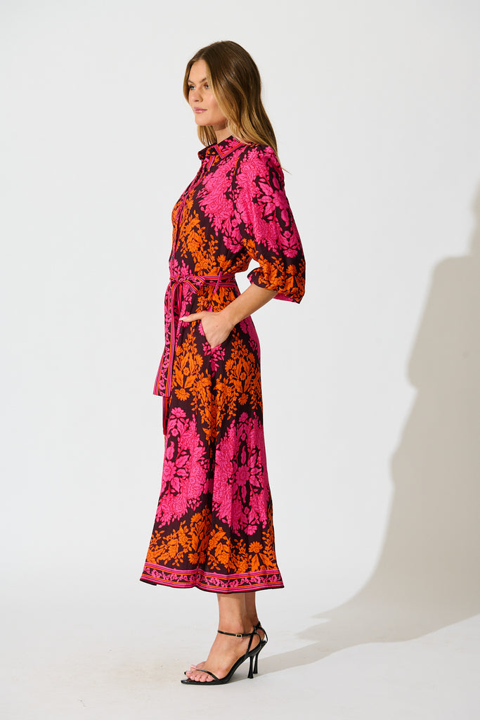 Aurelina Maxi Dress In Pink And Orange Floral Linen Blend side