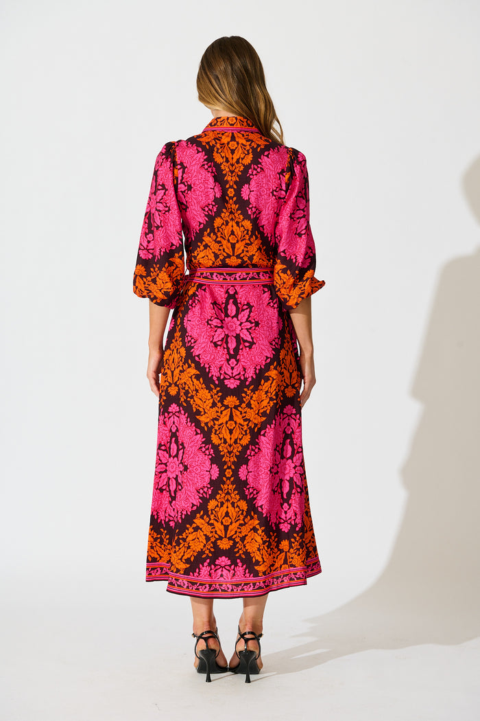 Aurelina Maxi Dress In Pink And Orange Floral Linen Blend back