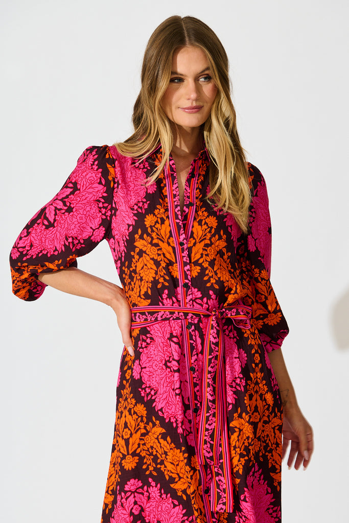 Aurelina Maxi Dress In Pink And Orange Floral Linen Blend front