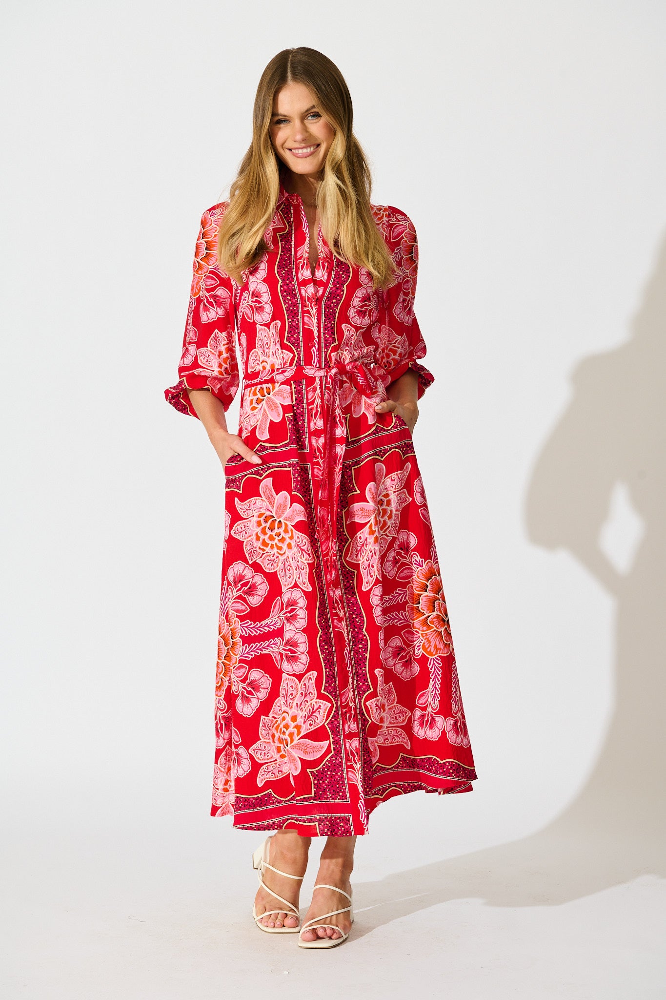 Aurelina Maxi Shirt Dress In Red Flower Linen Blend full length