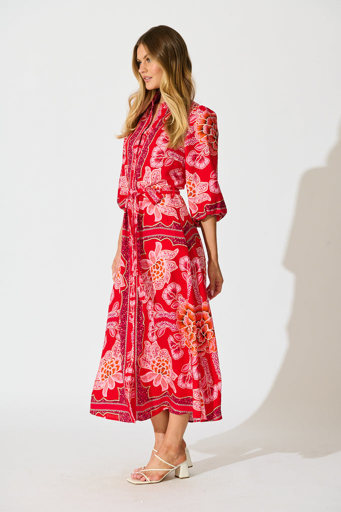 Aurelina Maxi Shirt Dress In Red Flower Linen Blend side