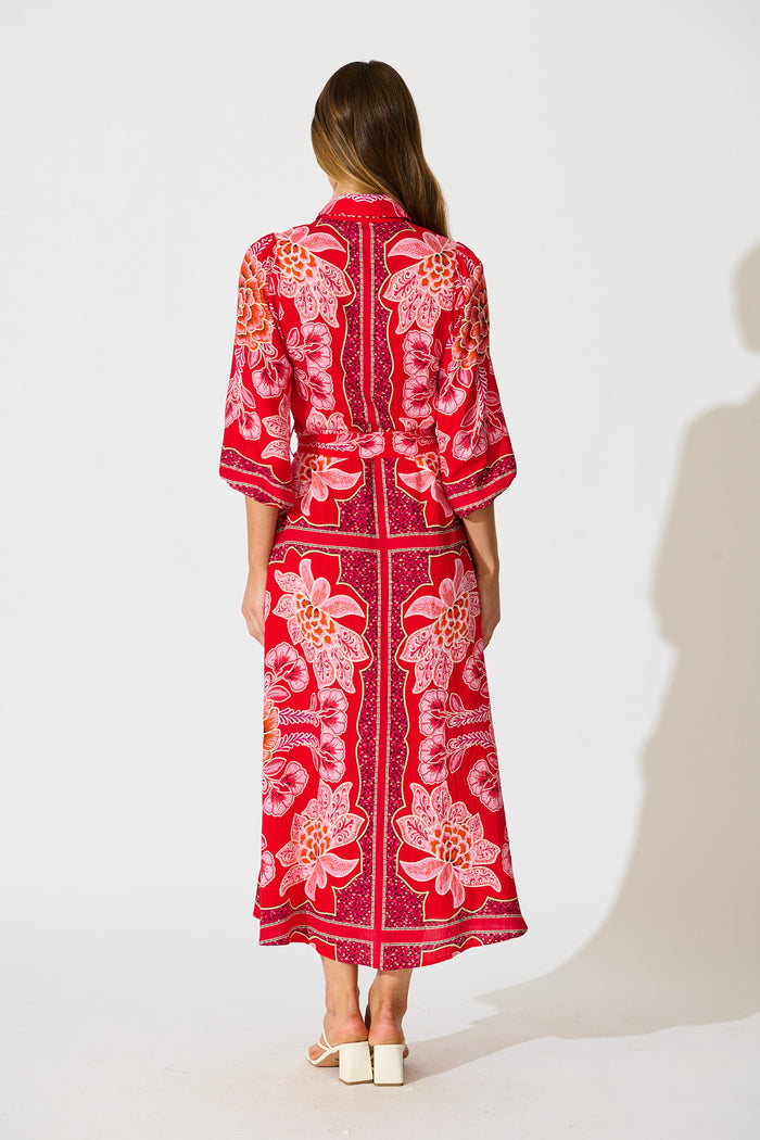 Aurelina Maxi Shirt Dress In Red Flower Linen Blend back