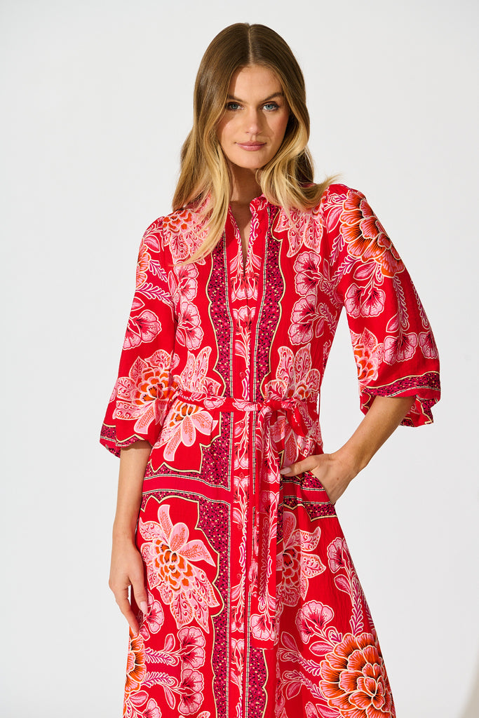 Aurelina Maxi Shirt Dress In Red Flower Linen Blend front