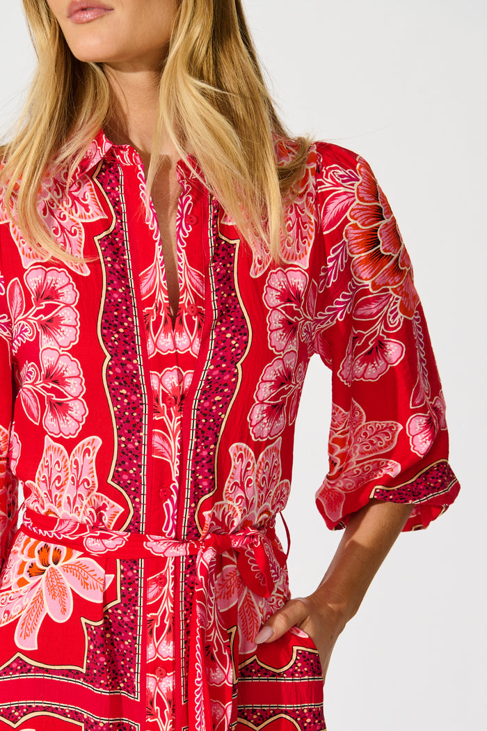 Aurelina Maxi Shirt Dress In Red Flower Linen Blend detail