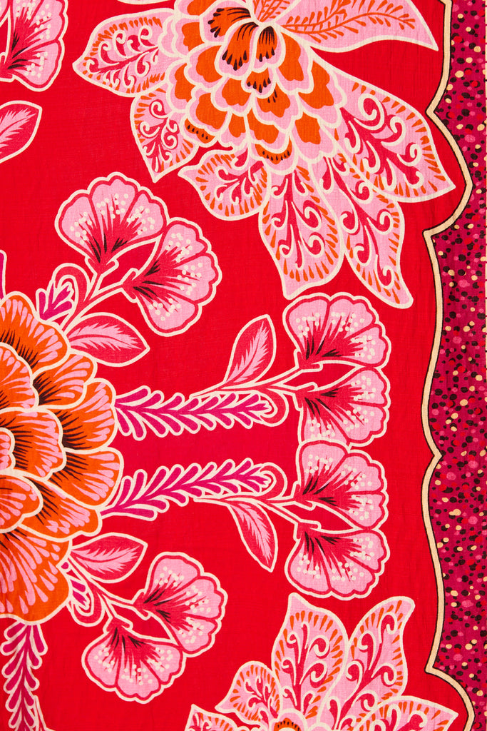 Aurelina Maxi Shirt Dress In Red Flower Linen Blend fabric