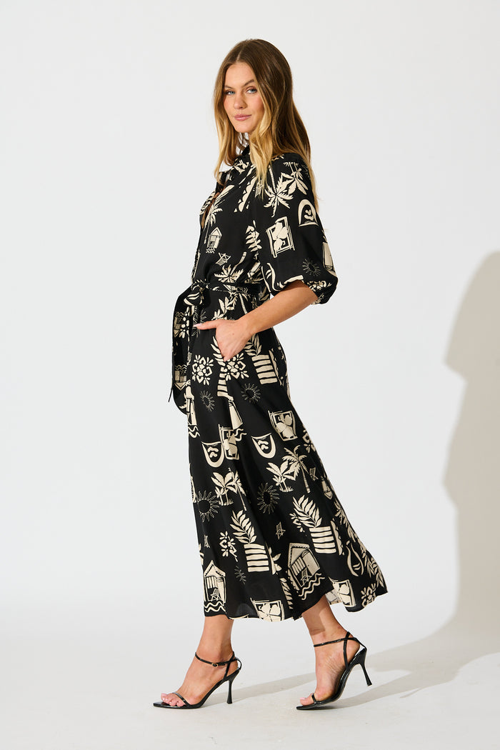 Elara Maxi Shirt Dress In Black Palm Print side