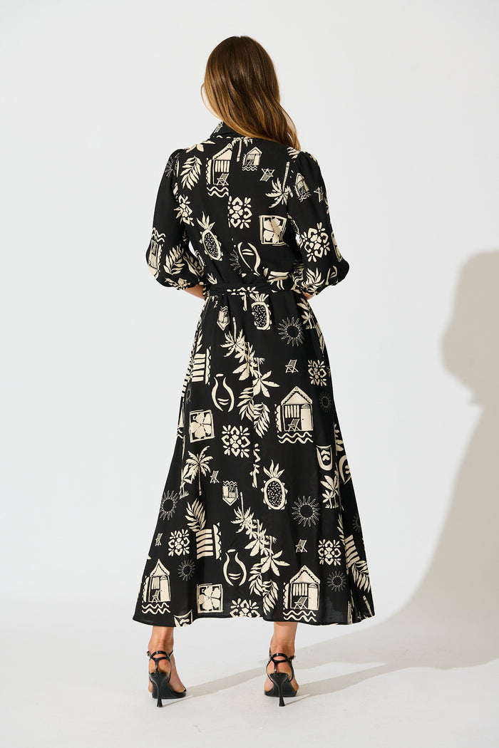 Elara Maxi Shirt Dress In Black Palm Print back