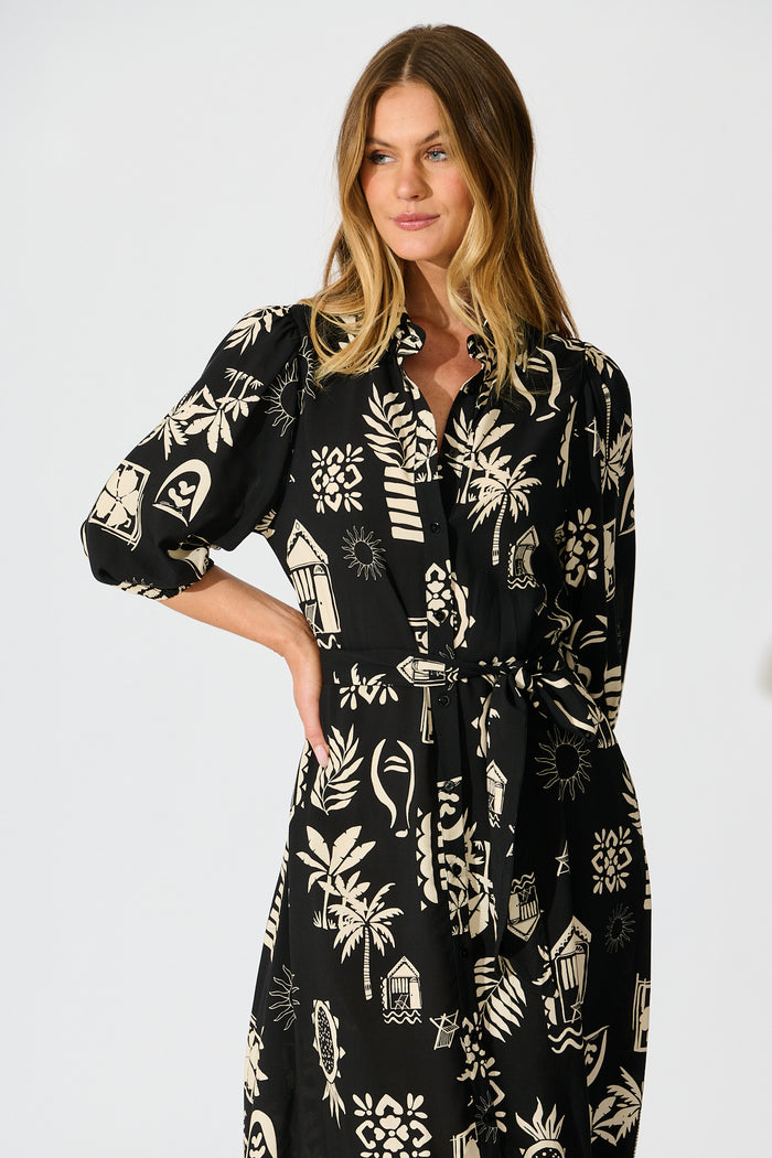 Elara Maxi Shirt Dress In Black Palm Print front