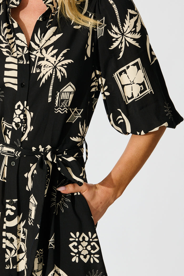 Elara Maxi Shirt Dress In Black Palm Print detail
