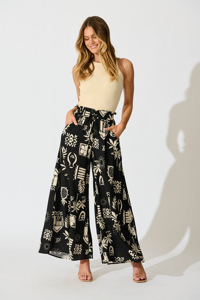 Lune Wide Leg Pant In Black Palm Print full length