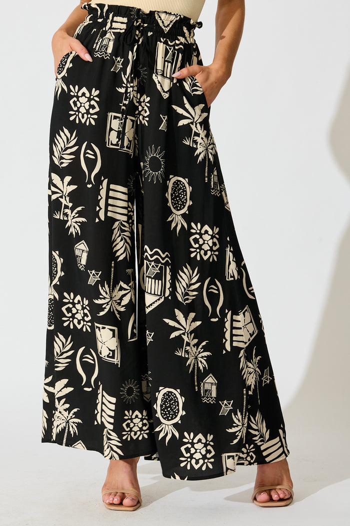 Lune Wide Leg Pant In Black Palm Print front