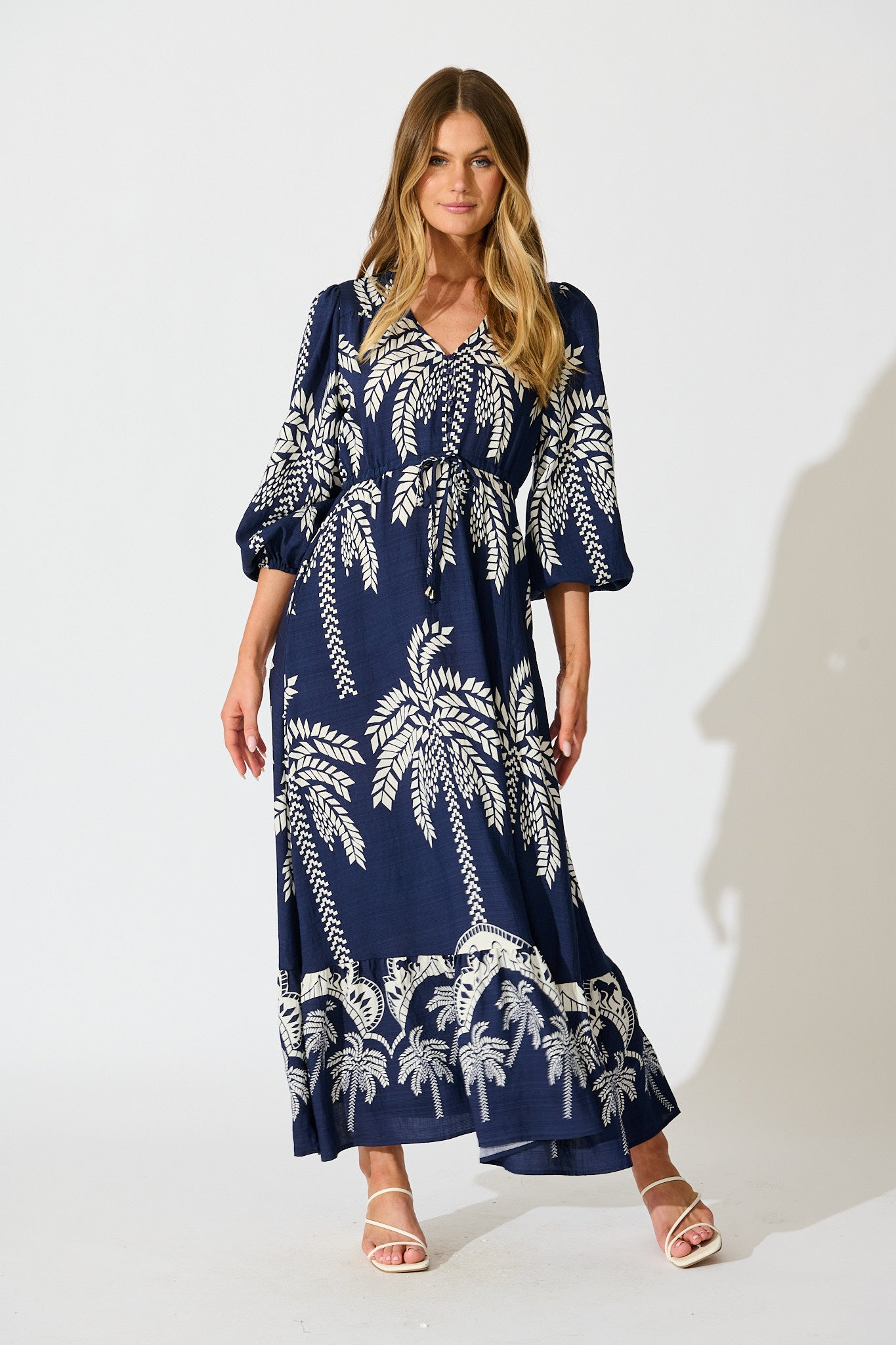 Jazelle Maxi Dress In Navy Palm Print Linen Blend full length