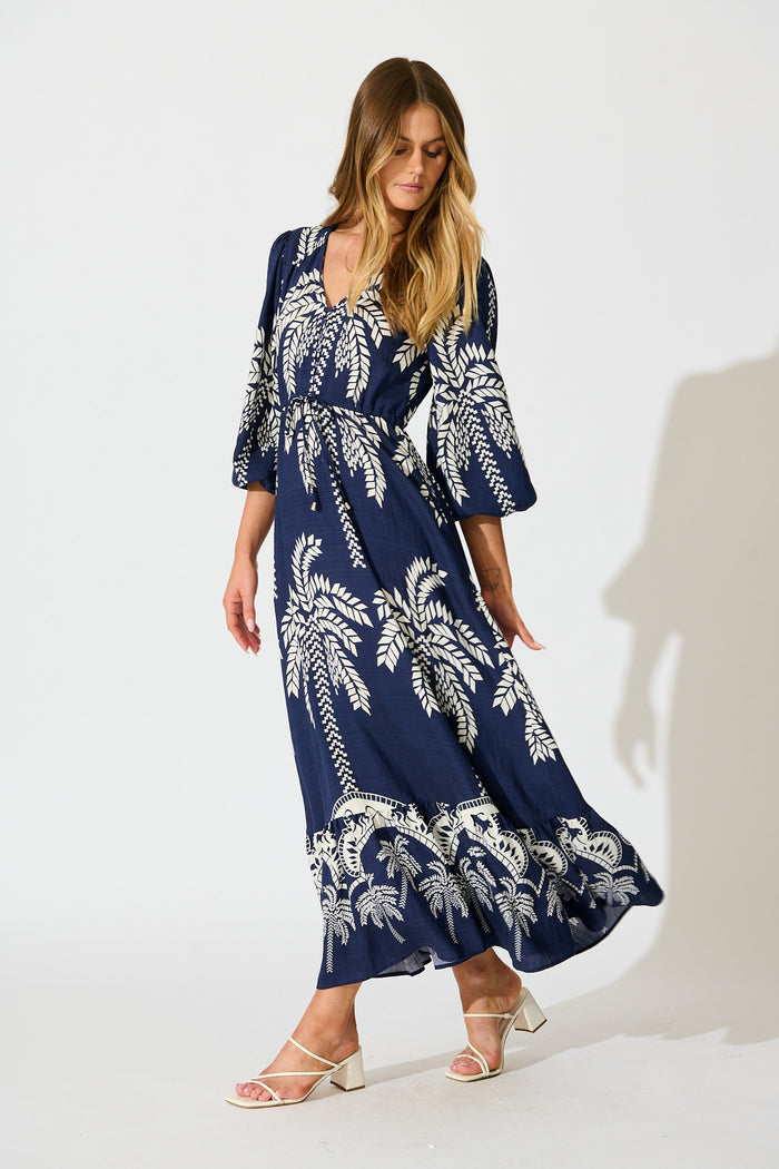 Jazelle Maxi Dress In Navy Palm Print Linen Blend side