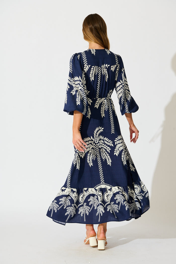 Jazelle Maxi Dress In Navy Palm Print Linen Blend back