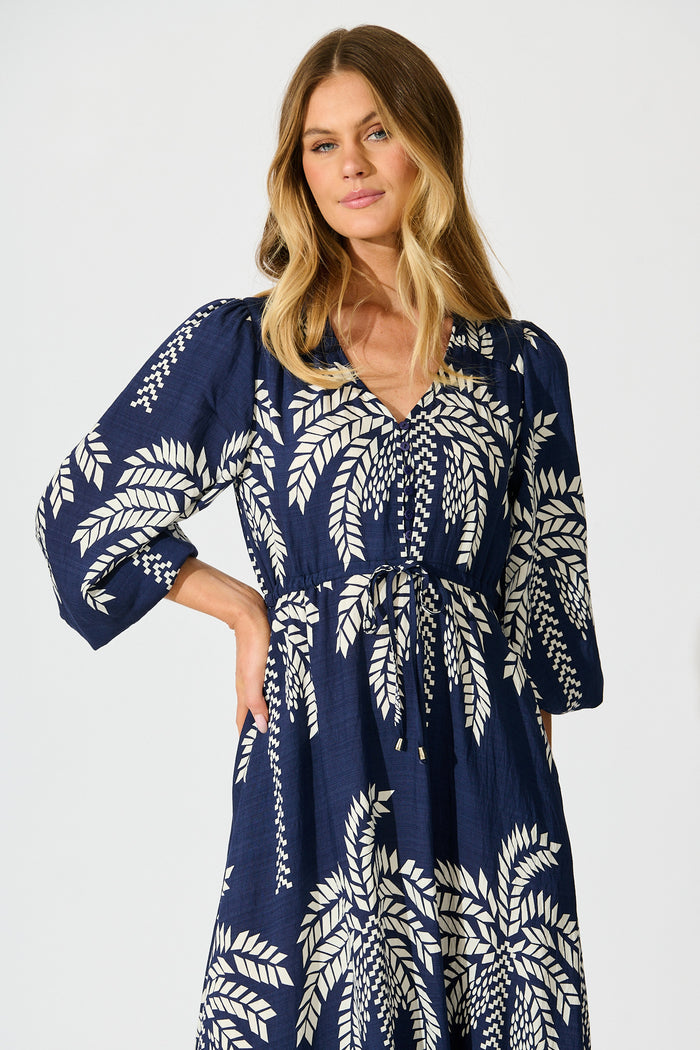 Jazelle Maxi Dress In Navy Palm Print Linen Blend front