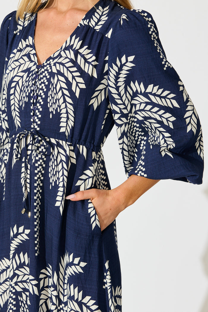 Jazelle Maxi Dress In Navy Palm Print Linen Blend detail