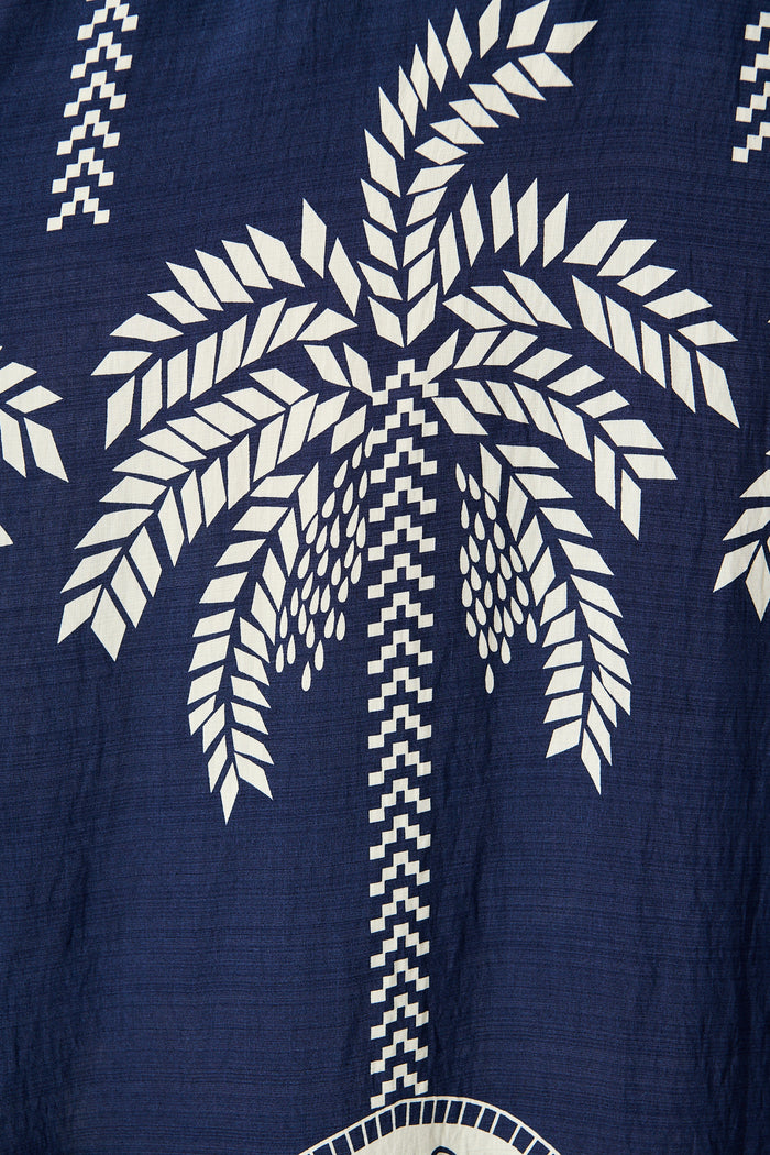 Jazelle Maxi Dress In Navy Palm Print Linen Blend fabric