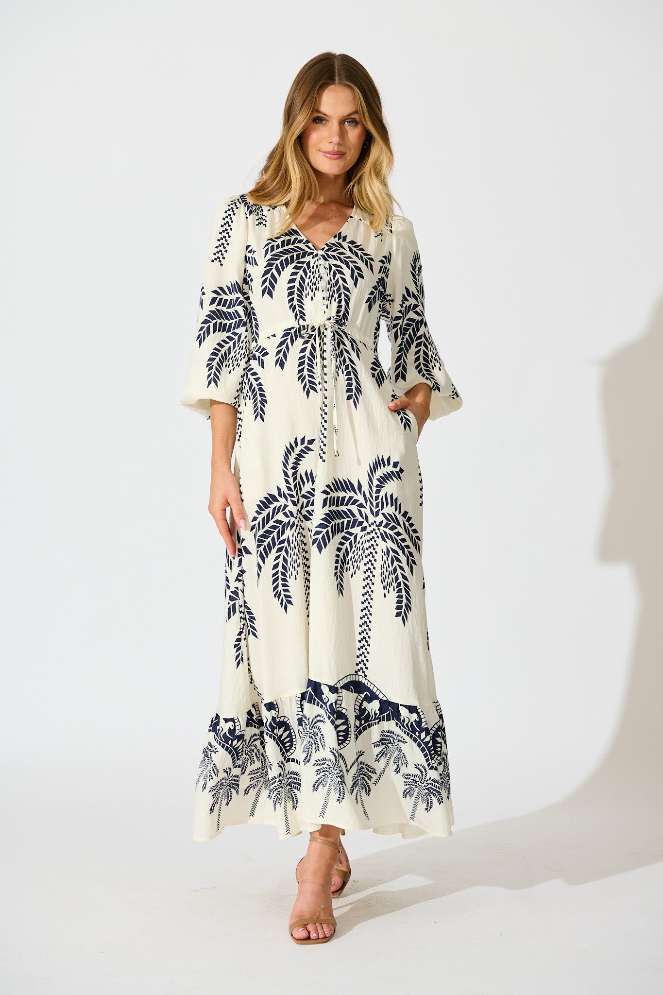 Jazelle Maxi Dress In White Palm Print Linen Blend full length