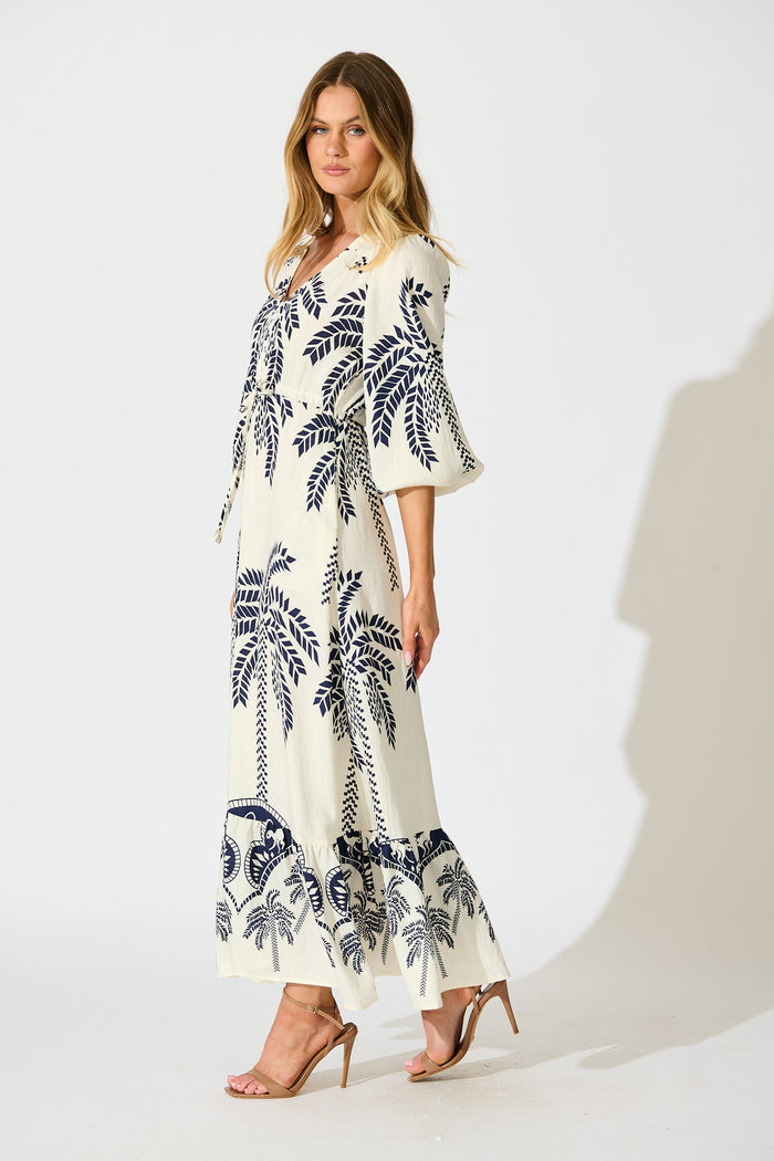 Jazelle Maxi Dress In White Palm Print Linen Blend side