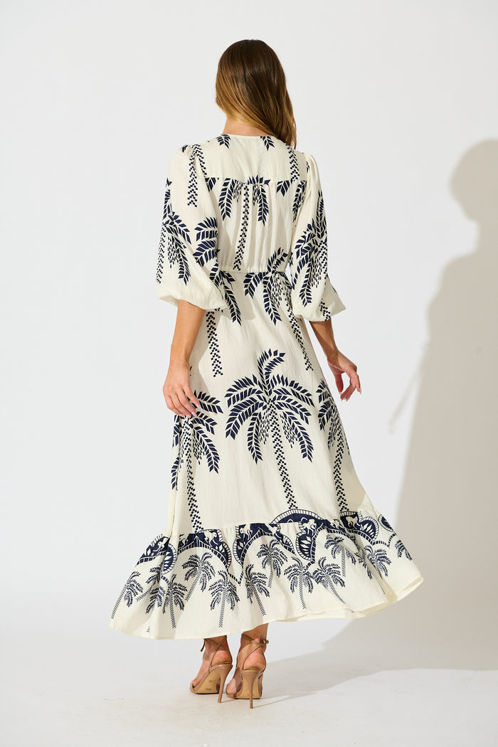 Jazelle Maxi Dress In White Palm Print Linen Blend back