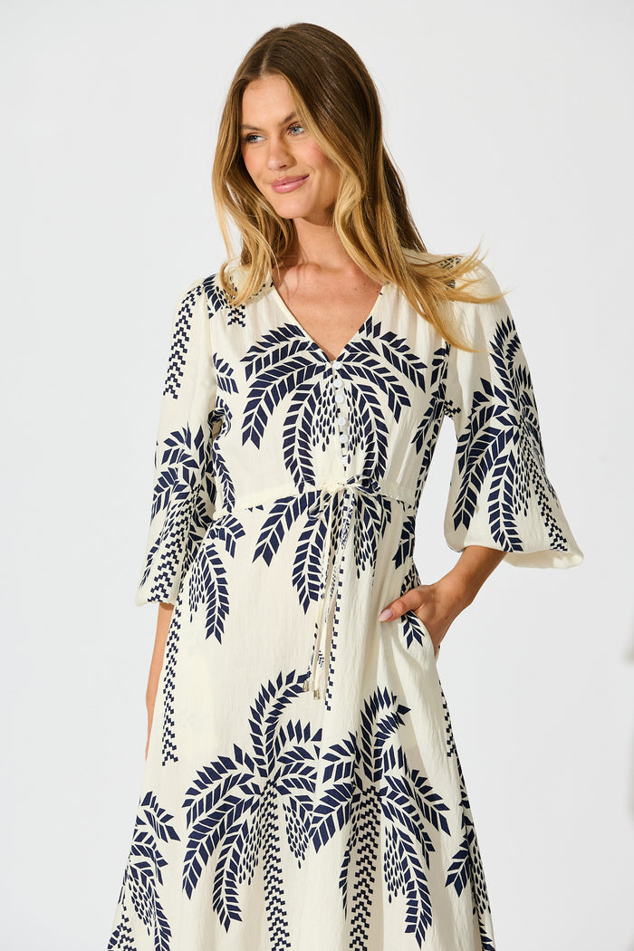 Jazelle Maxi Dress In White Palm Print Linen Blend front
