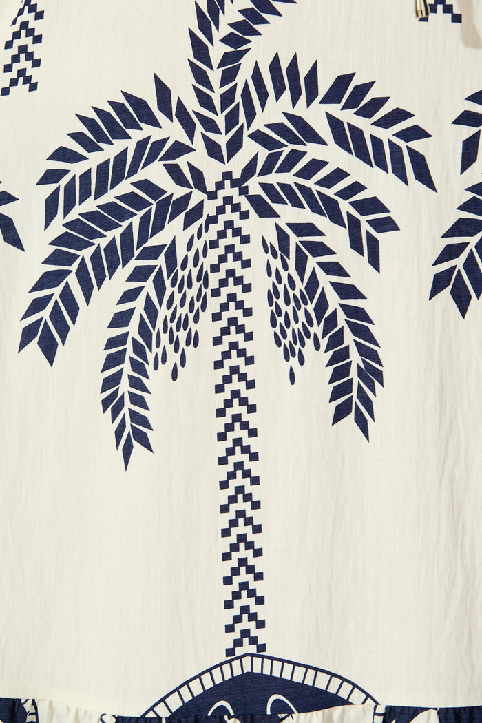 Jazelle Maxi Dress In White Palm Print Linen Blend fabric