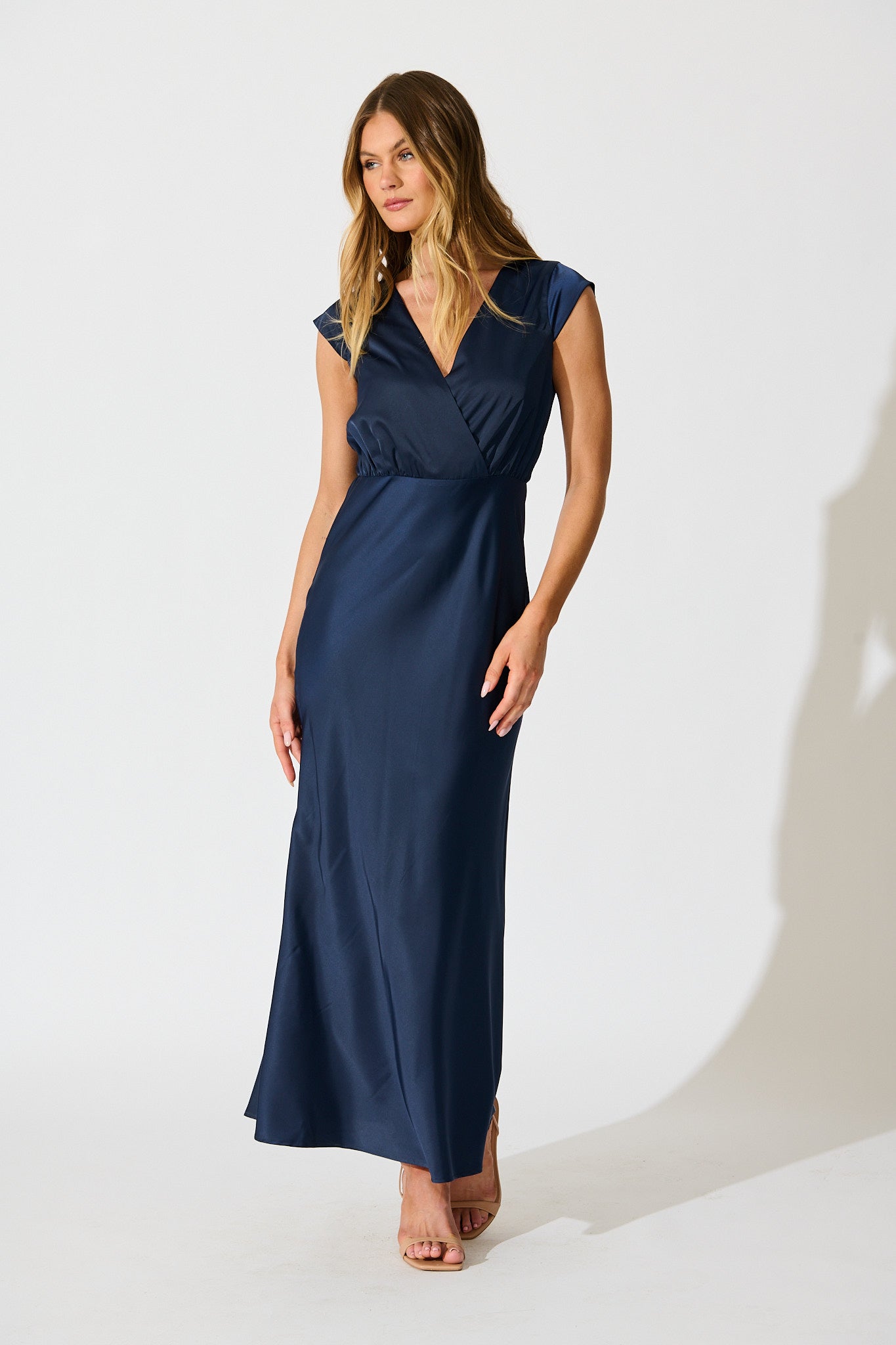 Elegant Devotion Maxi Dress in Navy Satin full length