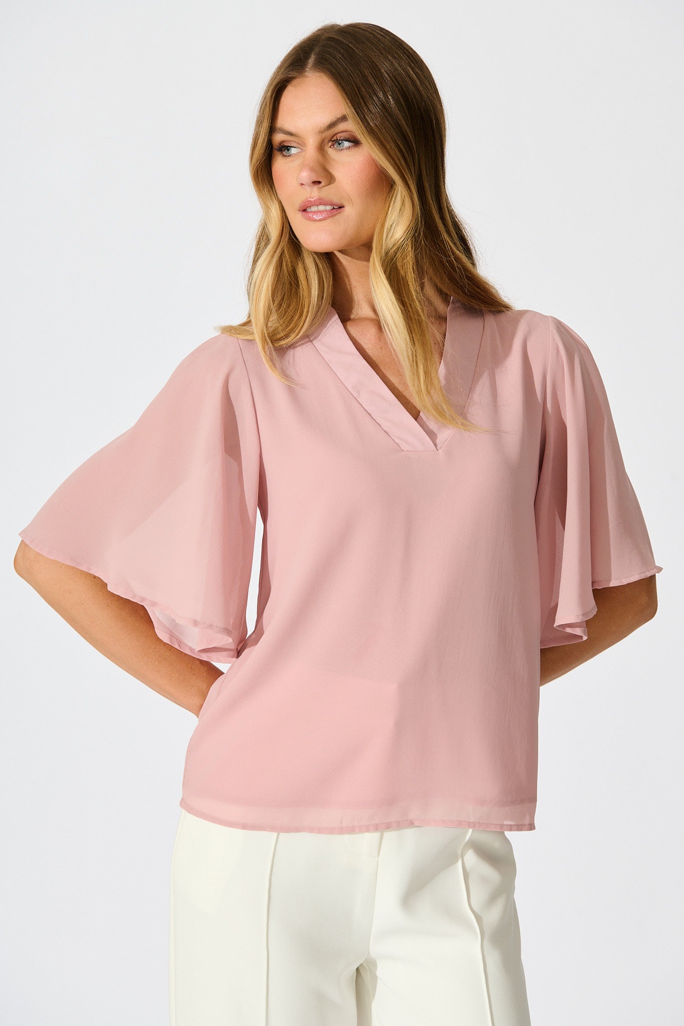 Refined Rhythm Top in Dusty Pink Chiffon front