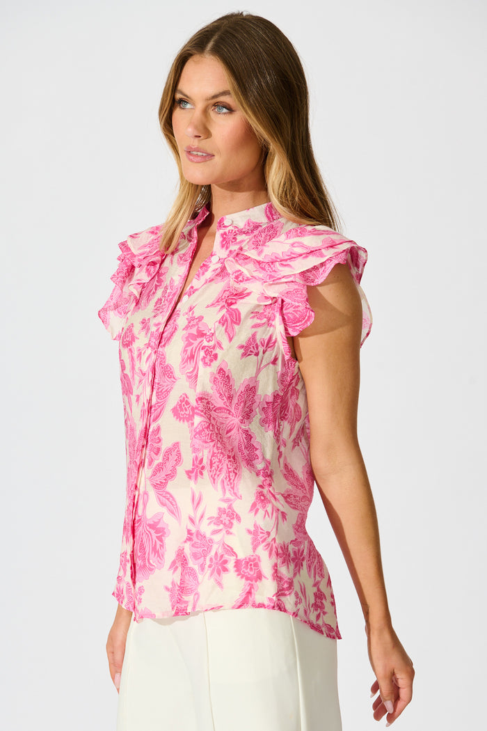 Elodie Top in Pink Leaf Print front