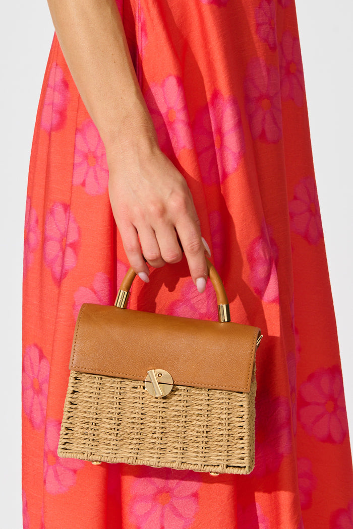Venezia Handheld Crossbody Bag in Natural with Tan Contrast on model closeup