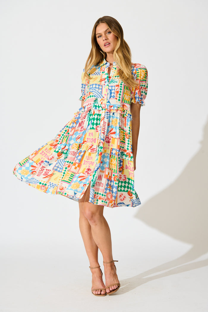 Power Of Love Shirt Dress in White Multi Conversational Print full length