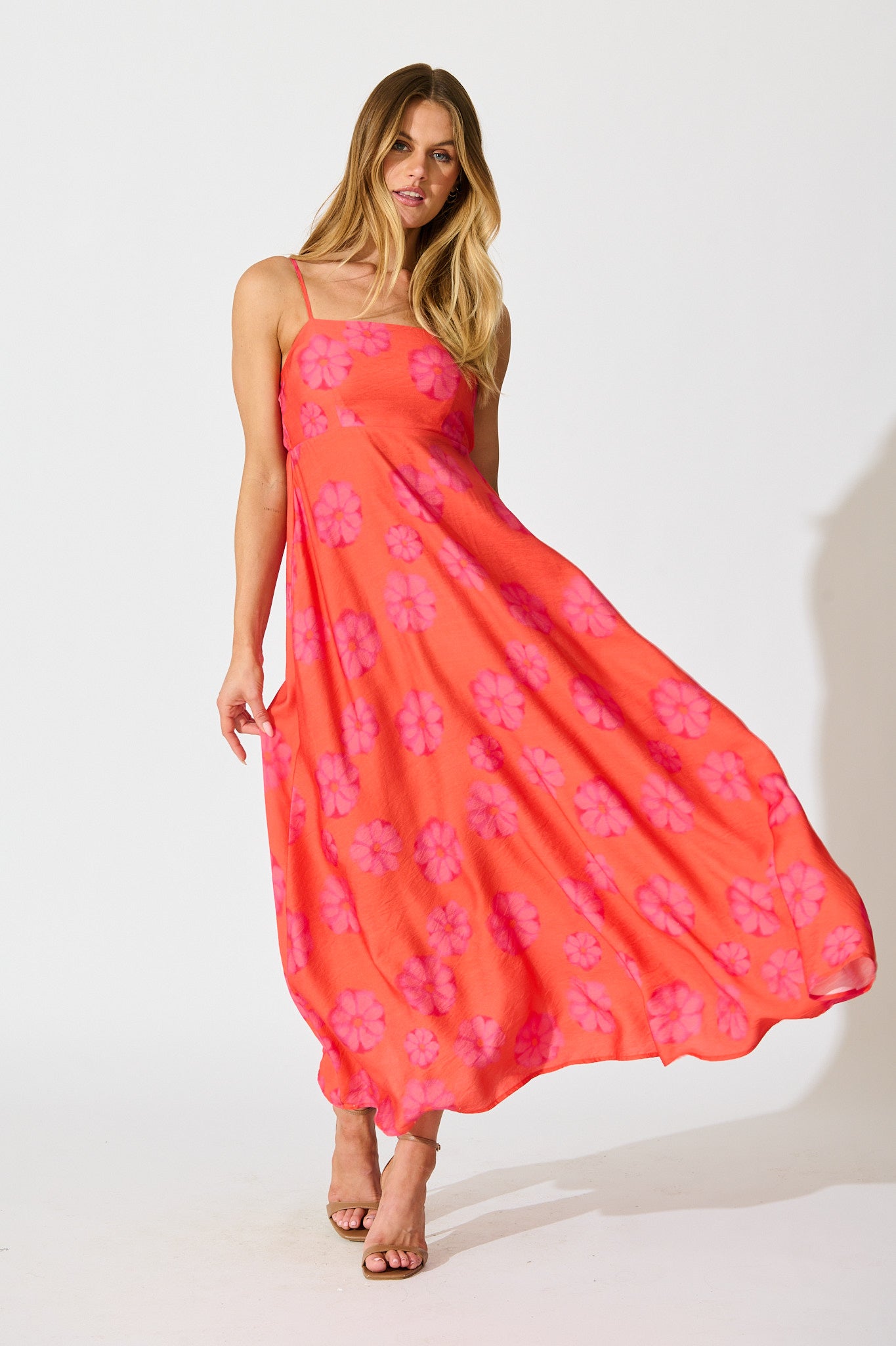 Yetta Maxi Dress In Coral Flower Print full length