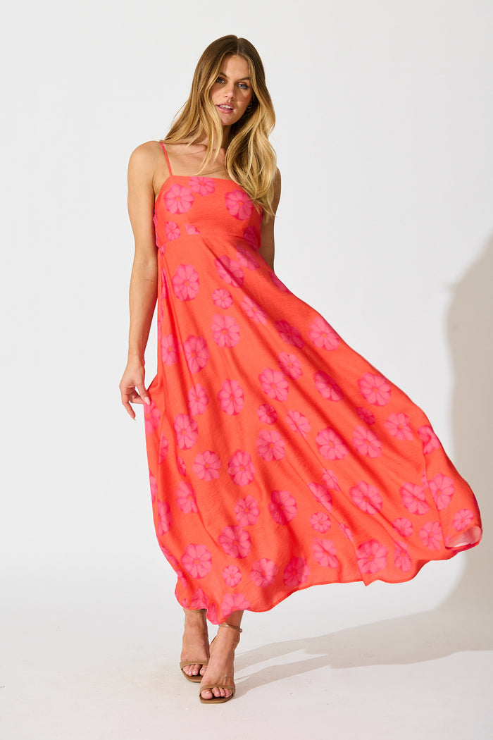 Yetta Maxi Dress In Coral Flower Print full length