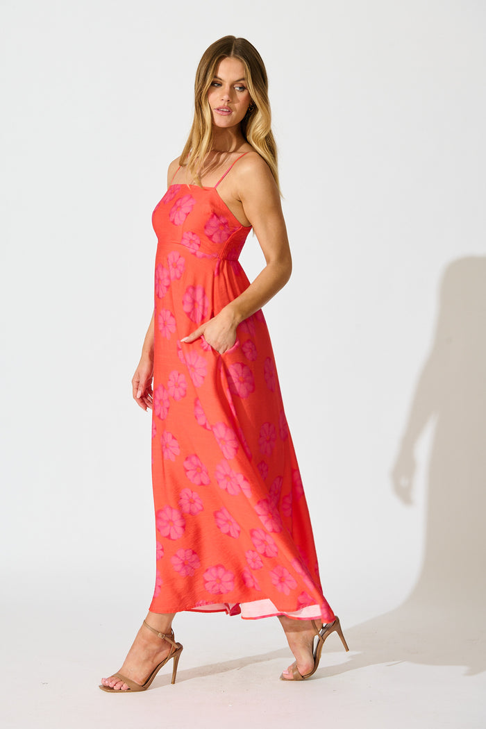 Yetta Maxi Dress In Coral Flower Print side