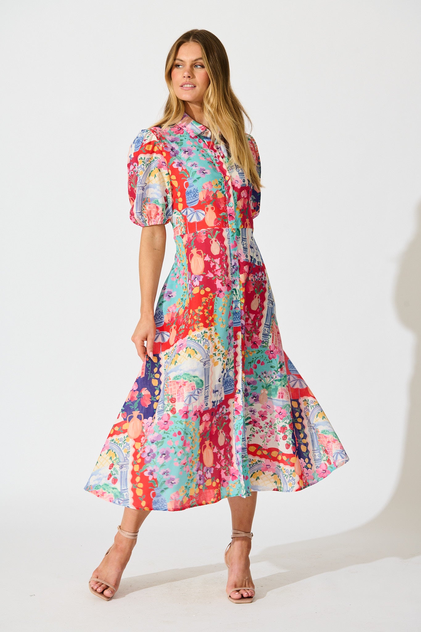 Bella Maxi Shirt Dress in Multi Resort Linen Blend full length