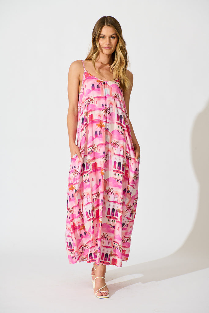 No Scrubs Maxi Dress in Pink Resort Print full length