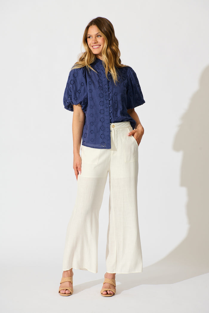 Krizza Top In Navy Embroidered Cotton full length