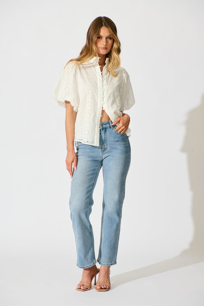 Krizza Top In White Embroidered Cotton full length