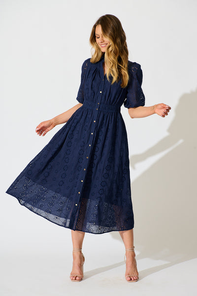 PRE ORDER Ayla Midi Shirt Dress In Navy Embroidered Cotton -