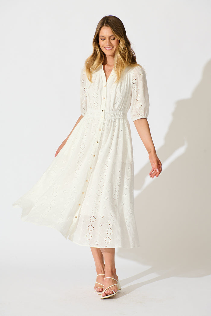 Ayla Midi Shirt Dress In White Embroidered Cotton full length