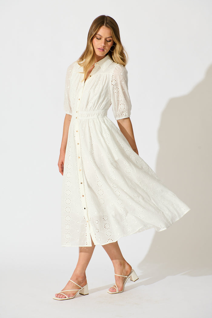 Ayla Midi Shirt Dress In White Embroidered Cotton side