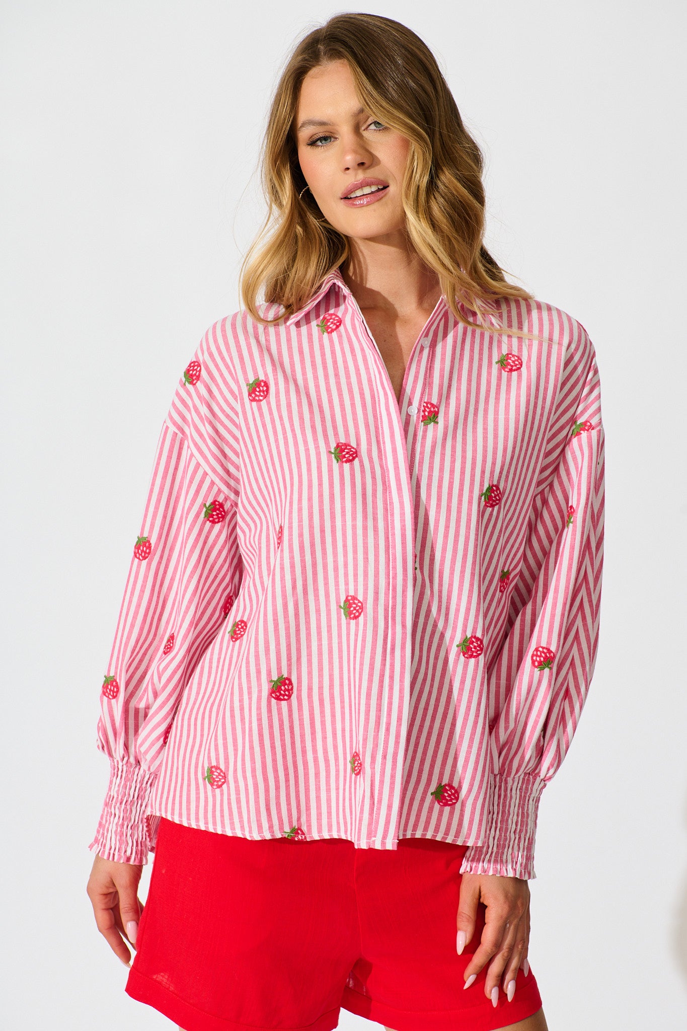 Strawberry Fields Shirt In Pink Stripe Embroidered Cotton front