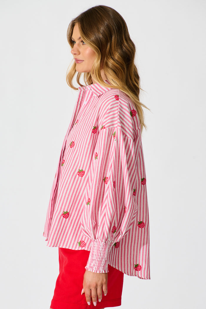 Strawberry Fields Shirt In Pink Stripe Embroidered Cotton side