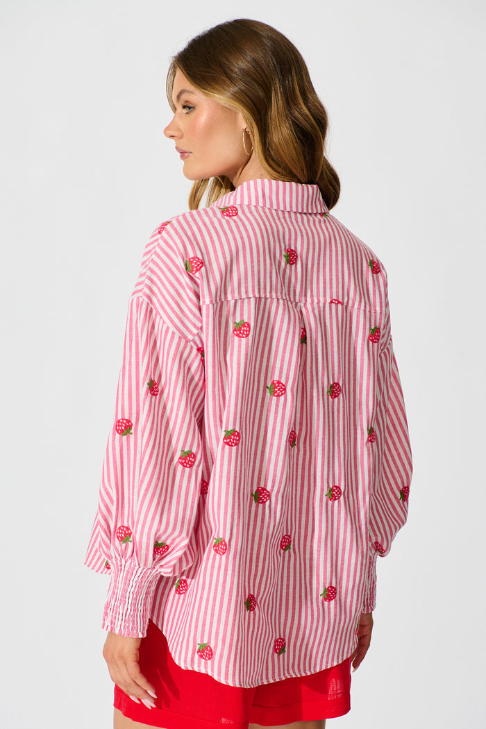 Strawberry Fields Shirt In Pink Stripe Embroidered Cotton back