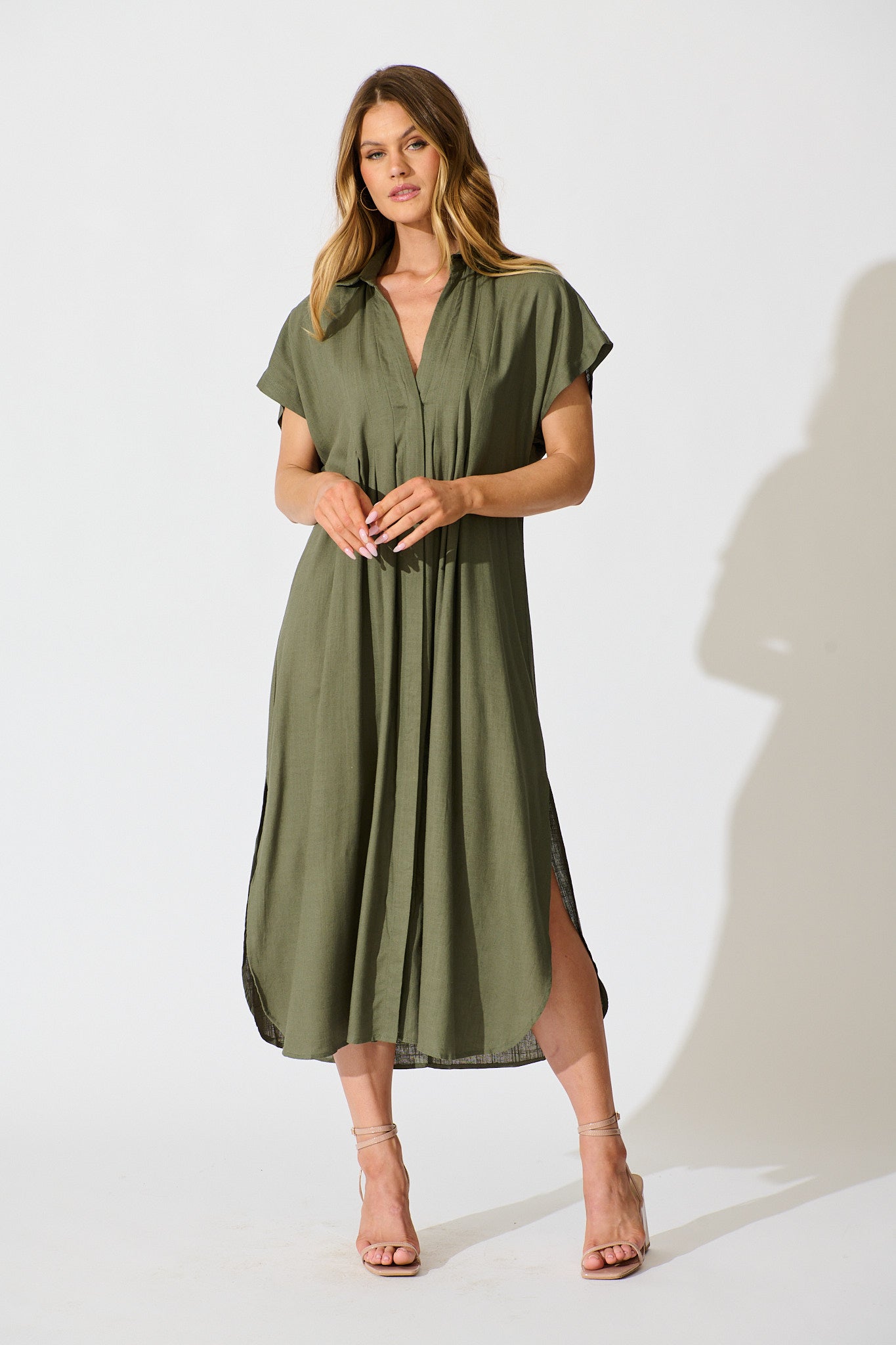Imari Midi Dress in Khaki Linen Blend full length
