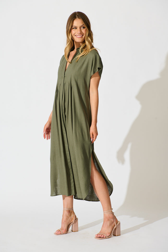 Imari Midi Dress in Khaki Linen Blend side
