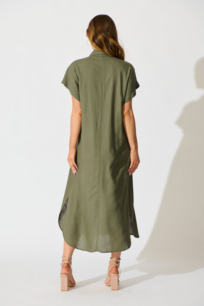 Imari Midi Dress in Khaki Linen Blend back